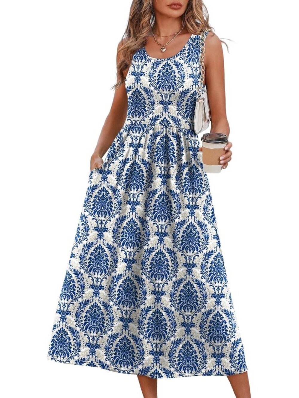 Women's Midi Dresses Blue Damask Print Scoop Neck Sleeveless Summer Casual Soft